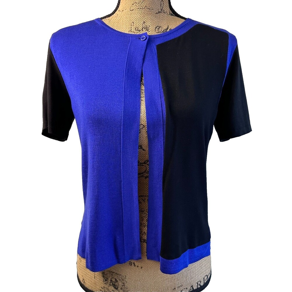 Etcetera Colorblock Knit Cardigan Blue Black Gray Short Sleeve Sz M Sample NWT